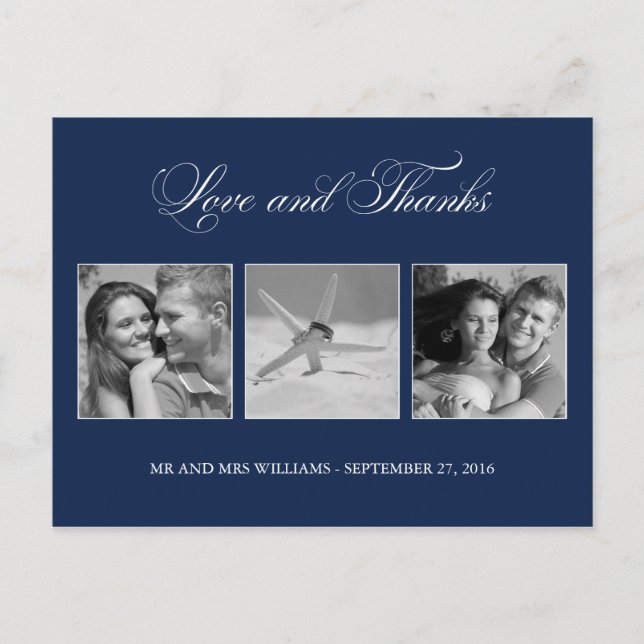 Postal Plantilla de 3 fotos de Navy Blue Love y de agrade (Anverso)