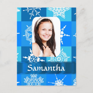 Postal Plantilla de foto de copos de nieve azul