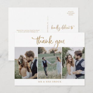 Postal Plantilla de fotos Rustic Gold Script 3 Gracias