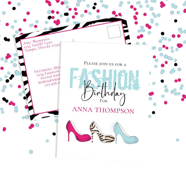 Postal Plantilla de Guay de la fiesta de cumpleaños del c (Whimsical fashion shoes custom birthday party invitations. )