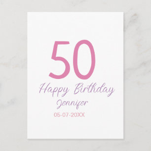 Postal plantilla rosa de 50 cumpleaños agregar nombre fec