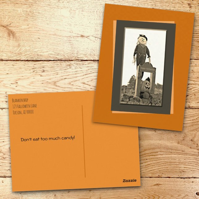 Postal Plantilla Sepia de Halloween Scarecrow Fotografía  (Front and back template Halloween postcard)