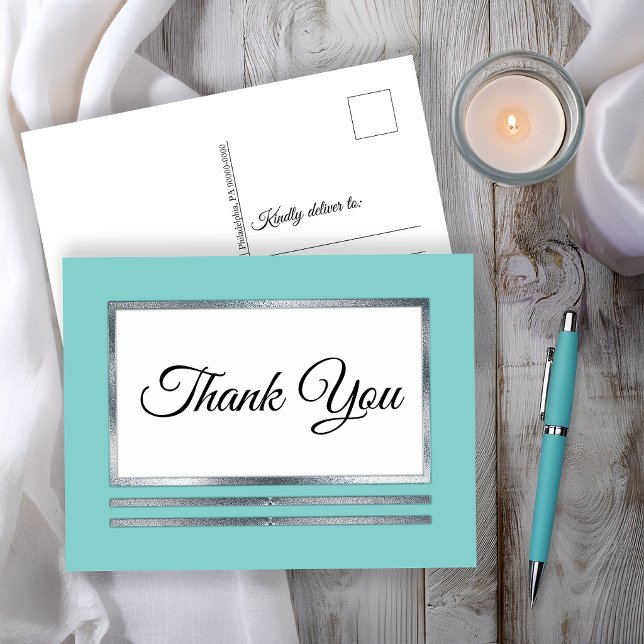 Postal Plata | Aqua Moderno Simple Elegante Gracias (Aqua Modern Simple Elegant Thank You Postcard)