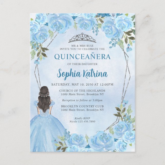 Postal Plata azul dulce princesa floral Quinceañera (Anverso)