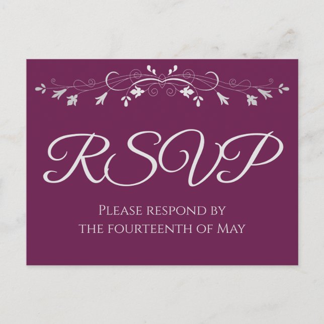 Postal Plata en Cassis Boda Purple Elegante RSVP (Anverso)