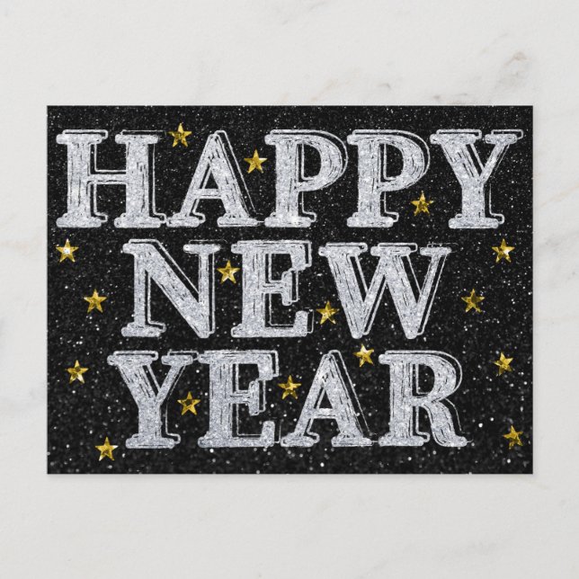 Postal Plata y Oro Feliz Año Nuevo Brillo (Anverso)
