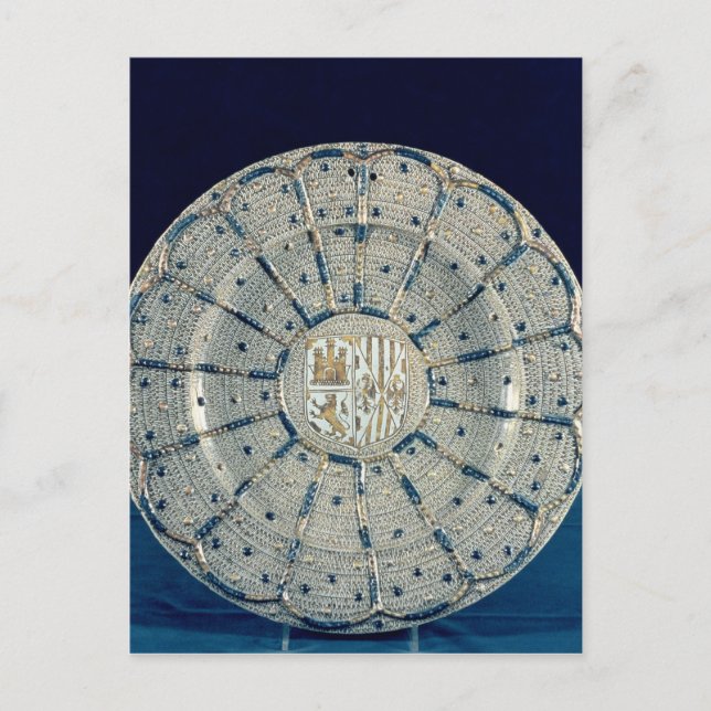 Postal Plato de Manises, portando los brazos (Anverso)