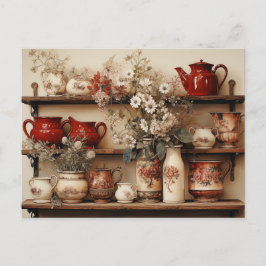 Postal Platos blancos rojos Café Creamer Azúcar Daisisies