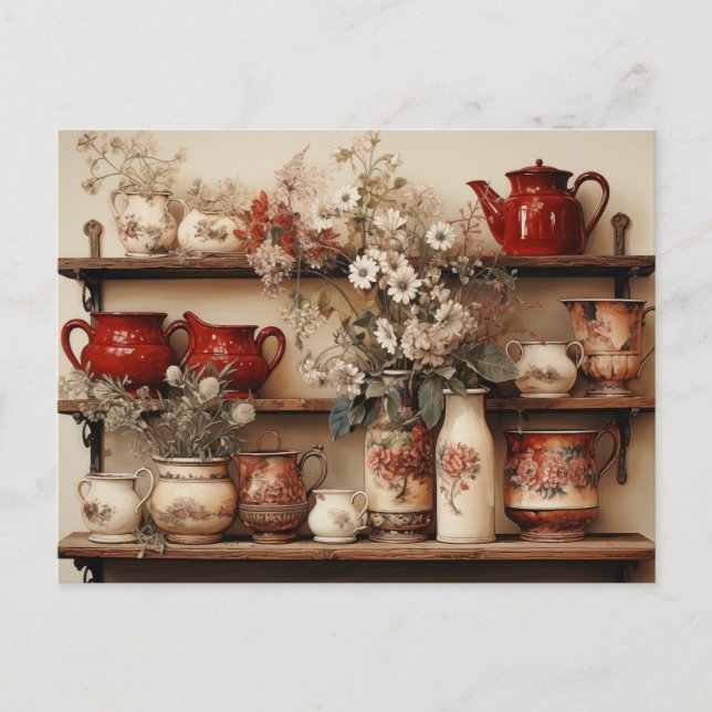 Postal Platos blancos rojos Café Creamer Azúcar Daisisies (Anverso)