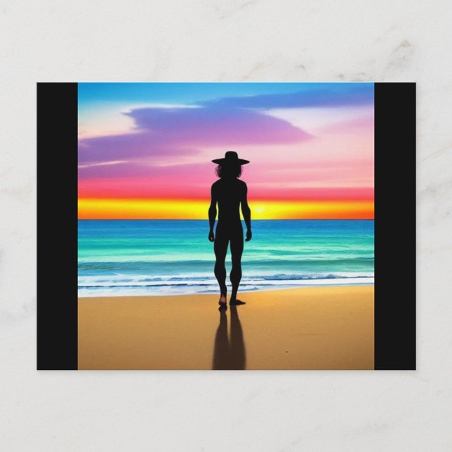 Postal Playa Arcoíris  (The ocean is a vibrant turquoise, and the wet sand reflects the silhouette and the colors of the sky)
