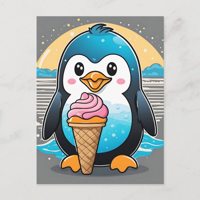 Postal Playa Cute Kawaii Penguin Ice Cream (Anverso)
