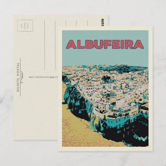 Postal Playa de Albufeira desde el ilustracion de Portuga (Anverso / Reverso)