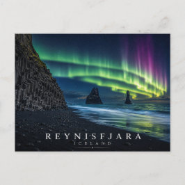 Postal Playa de arena negra Reynisfjara Islandia Aurora