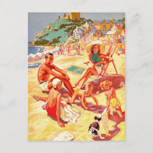 Postal Playa de Criccieth, Gales, familia, vacaciones, vi