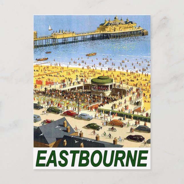 Postal Playa de Eastbourne, vistas al mar, viaje vintage (Anverso)