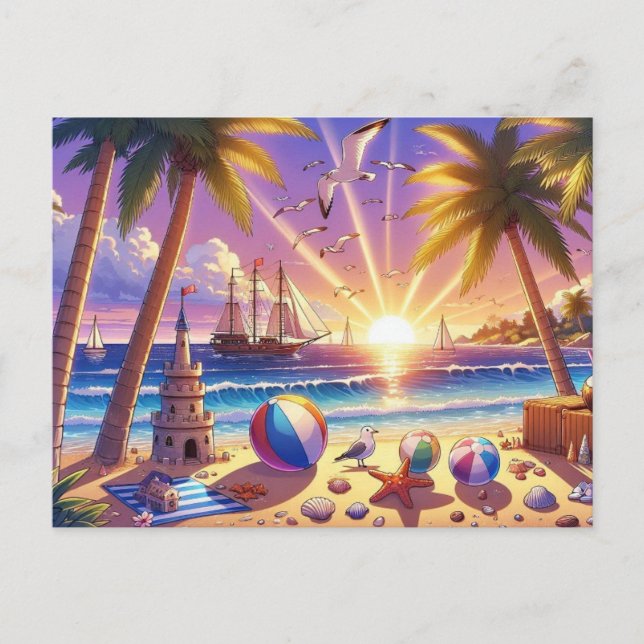 Postal Playa de puesta de sol tropical con barco a vela (Anverso)