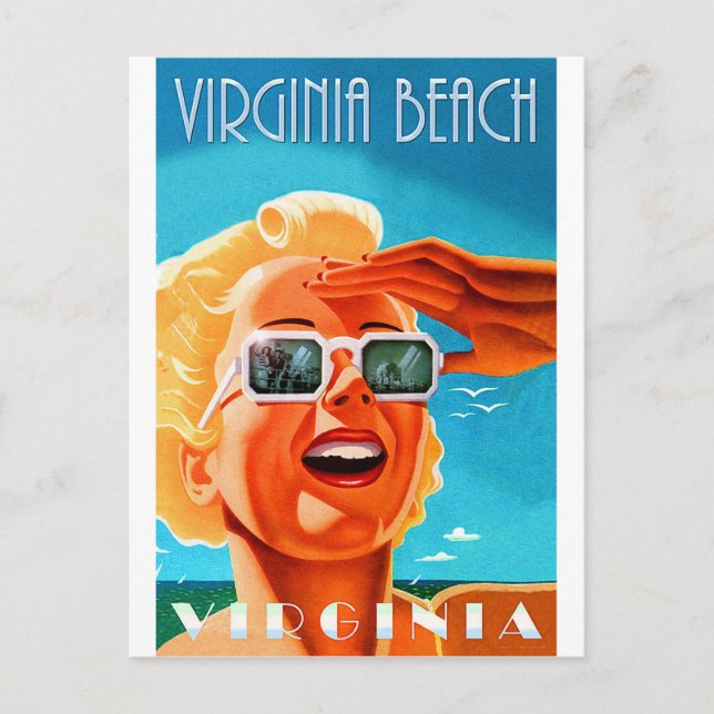 Postal Playa de Virginia, mujer con gafas de sol rubias,  (Anverso)