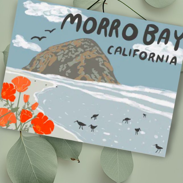 Postal Playa del Ilustracion de Morro Bay Central Califor (Custom postcard with drawing of beach at Morro Rock. )