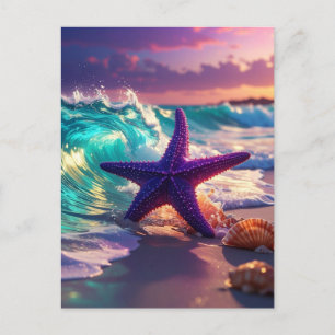 Postal Playa del océano con estrellas de mar violetas