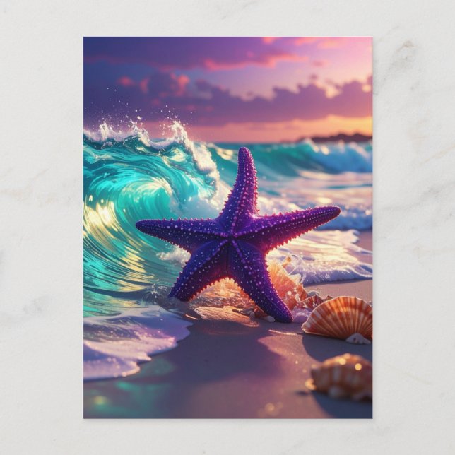 Postal Playa del océano con estrellas de mar violetas (Anverso)