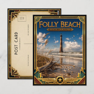 Postal Playa Folly Carolina del Sur Arte Deco Vintage Dor