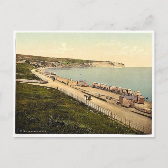 Postal Playa, Swanage, Inglaterra, rara fotochrom (Anverso)
