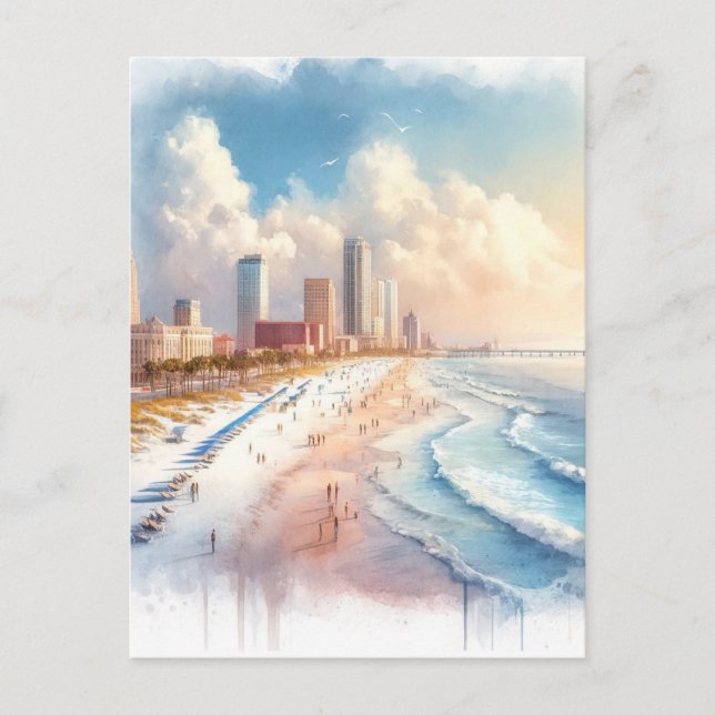 Postal Playa Tampa, Florida Watercolor Painting Viajes (Anverso)