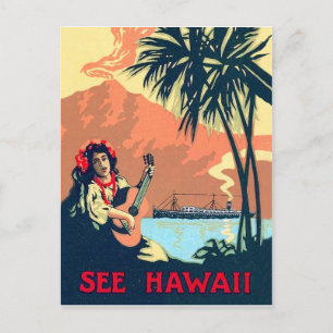 Postal Playa tropical de Hawái, mujer tocando la guitarra