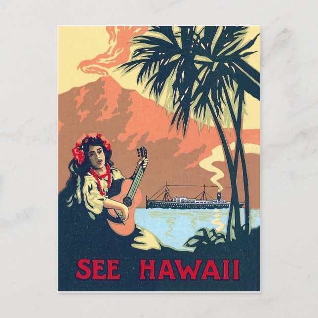 Postal Playa tropical de Hawái, mujer tocando la guitarra (Anverso)