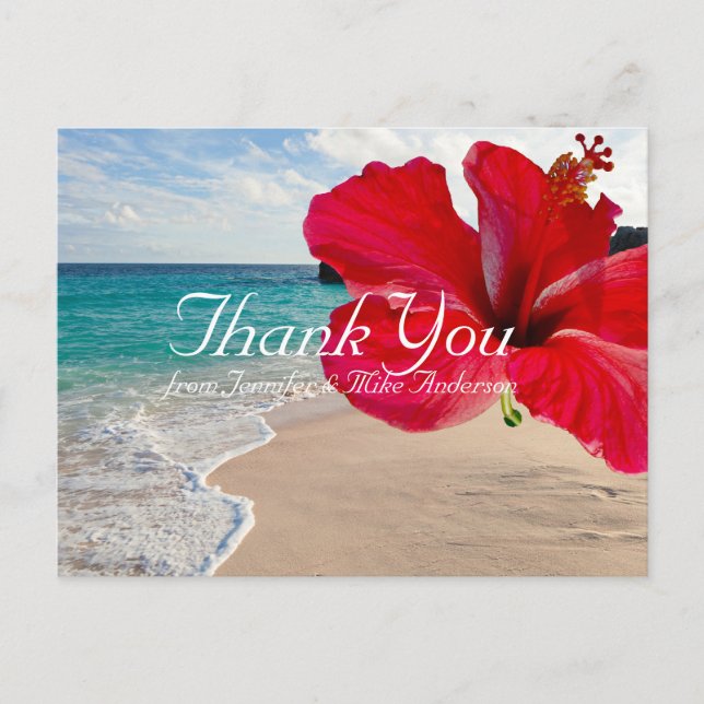 Postal Playa Tropical Roja Hibiscus Bonito Gracias (Anverso)