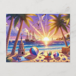 Postal Playa Tropical Sunset con barco de vela