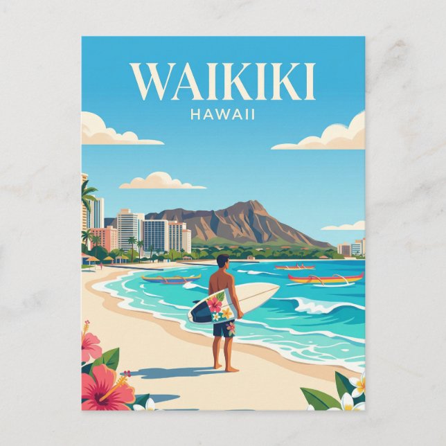 Postal Playa Waikiki, Honolulu Hawái (Anverso)