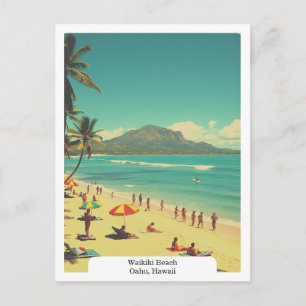 Postal Playa Waikiki, Oahu, Hawái Viaje Vintage
