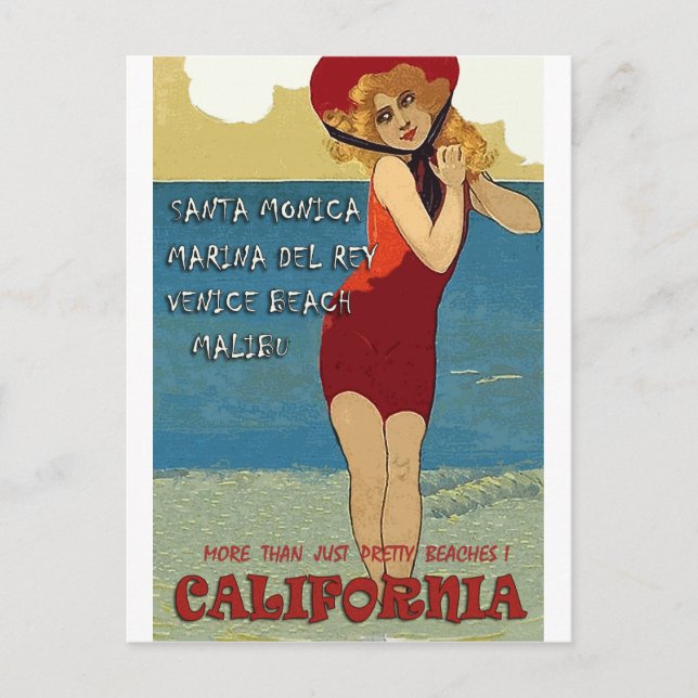 Postal playas de California, mujer con traje de baño rojo (Anverso)