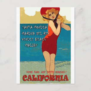 Postal playas de California, mujer en traje de baño rojo
