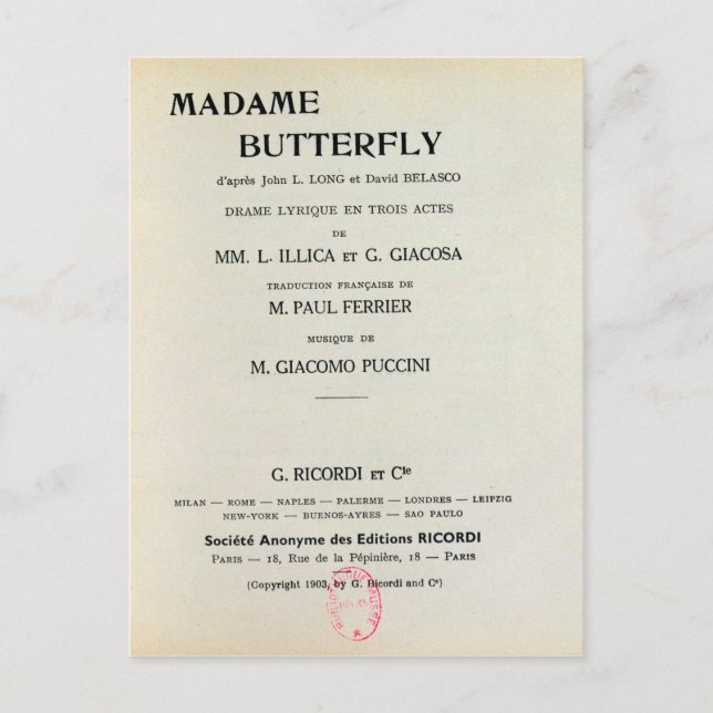 Postal Playbill para Madame Butterfly de Giacomo (Anverso)
