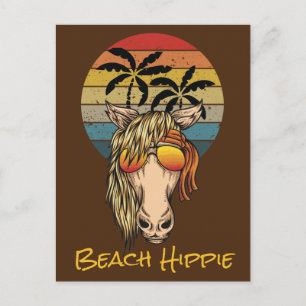Postal Playero Retro Hippie Caballo, Puesta del Sol y Pal