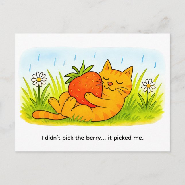 Postal Playful Cartoon Cat Hugging Big Strawberry (Anverso)