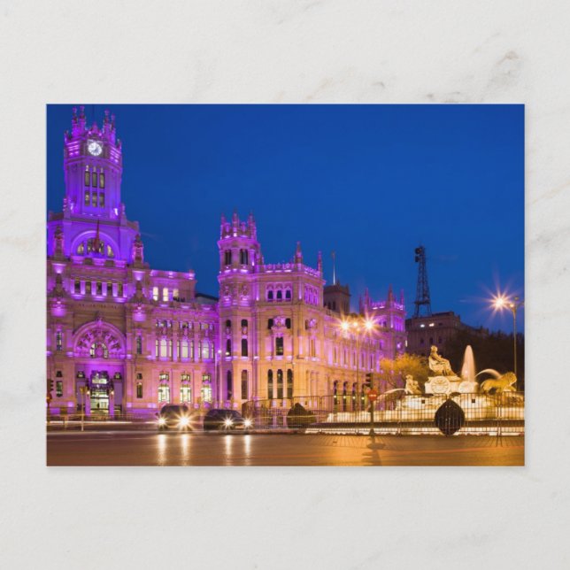 Postal Plaza de Cibeles de noche en Madrid (Anverso)