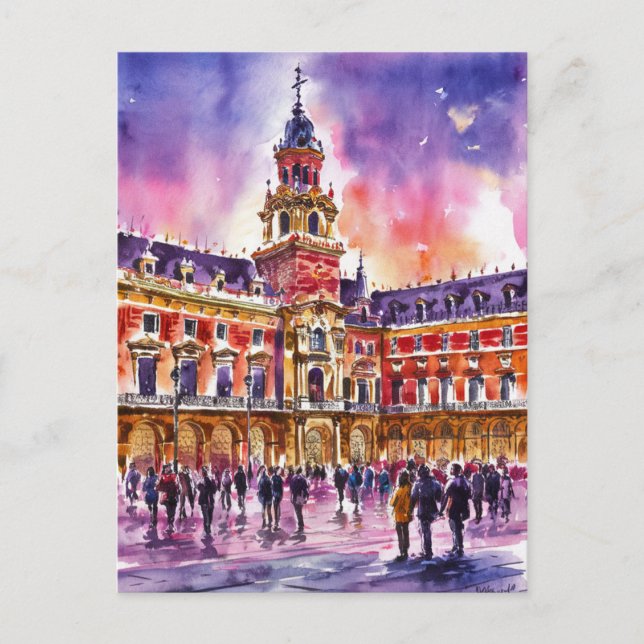 Postal Plaza Mayor, Pintura de acuarela de Madrid (Anverso)