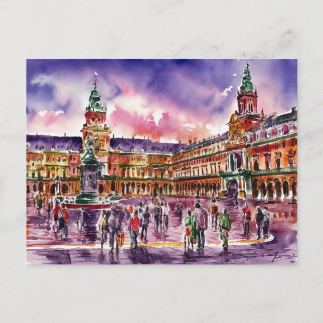 Postal Plaza Mayor, Pintura de acuarela de Madrid (Anverso)