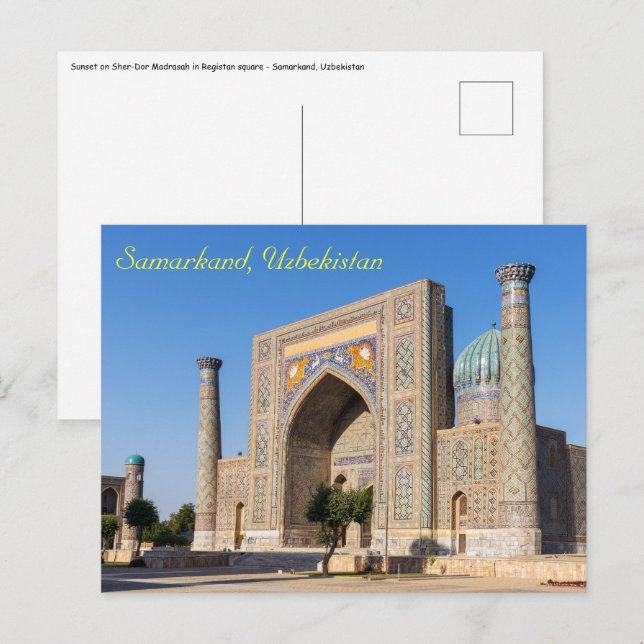 Postal Plaza Registan al atardecer - Samarcanda, Uzbekist (Anverso / Reverso)