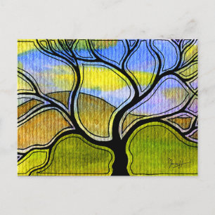 Postal Pluma acuarela y árbol de tinta y montaña