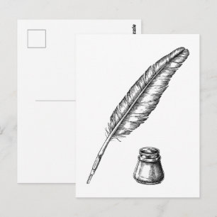 Postal Pluma de ave dibujada a mano con un tintero