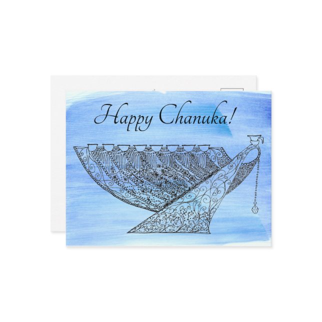 Postal Pluma Ornate y tinta Chanukah Menorah sobre azul (Anverso/Reverso In Situ)