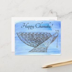 Postal Pluma Ornate y tinta Chanukah Menorah sobre azul