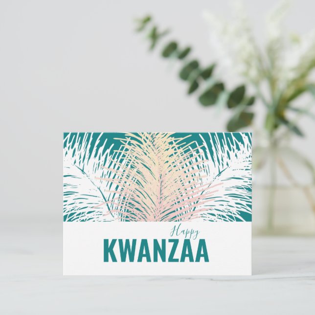 Postal plumas blancas Fiesta negra Feliz Kwanzaa (Anverso de pie)