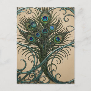 Postal Plumas de pavo real Art Nouveau marco ornado azul