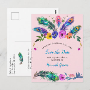 Postal Plumas de Pavo Real y Flores Quinceañera Rosa Rubo