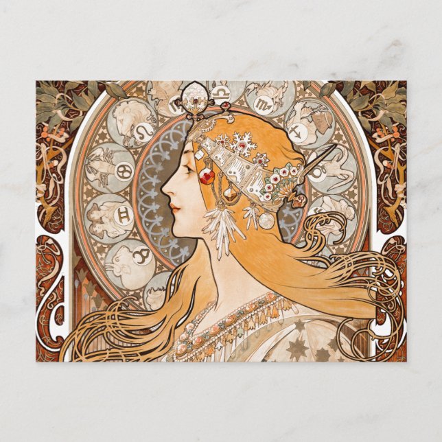 Postal Plume Zodiac Mujer de Alphonse Mucha - Art Nouveau (Anverso)